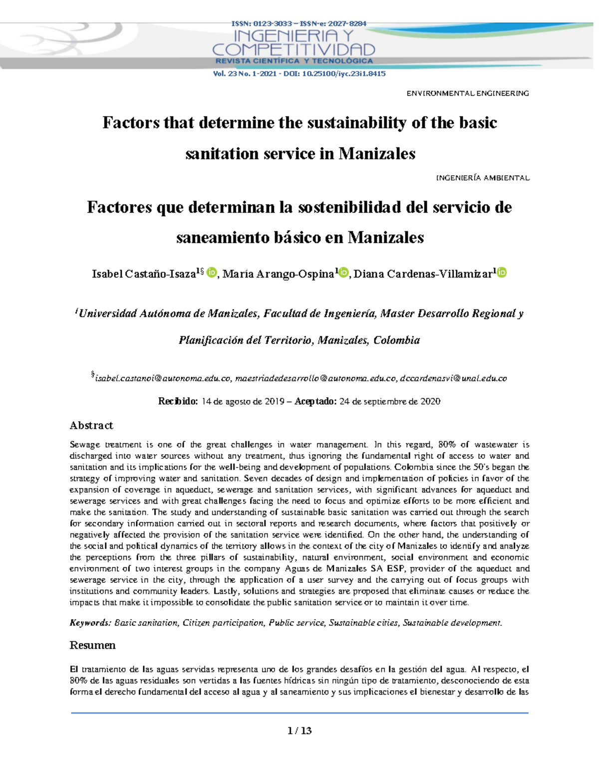 Factors Influencing Basic Sanitation Sustainability in Manizales (ENG ...