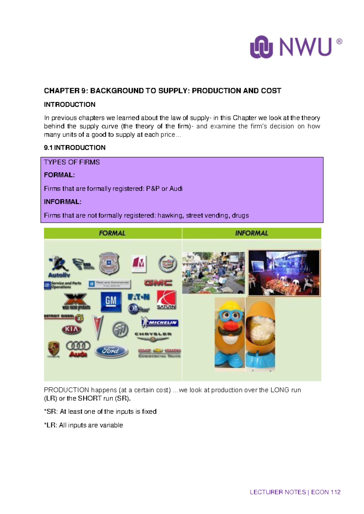 ECON 112 Chapter 9 Lecture Notes on Production and Cost Analysis - Studocu