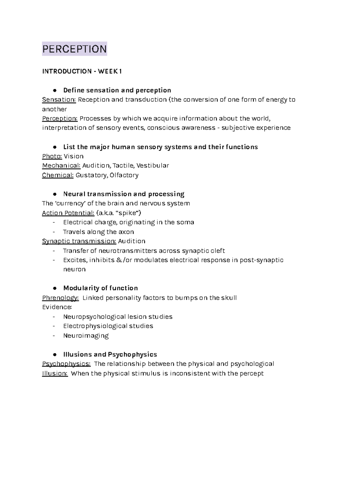 Perception (PSY101) Week 1 & 2: Sensation, Vision, and Research Report ...