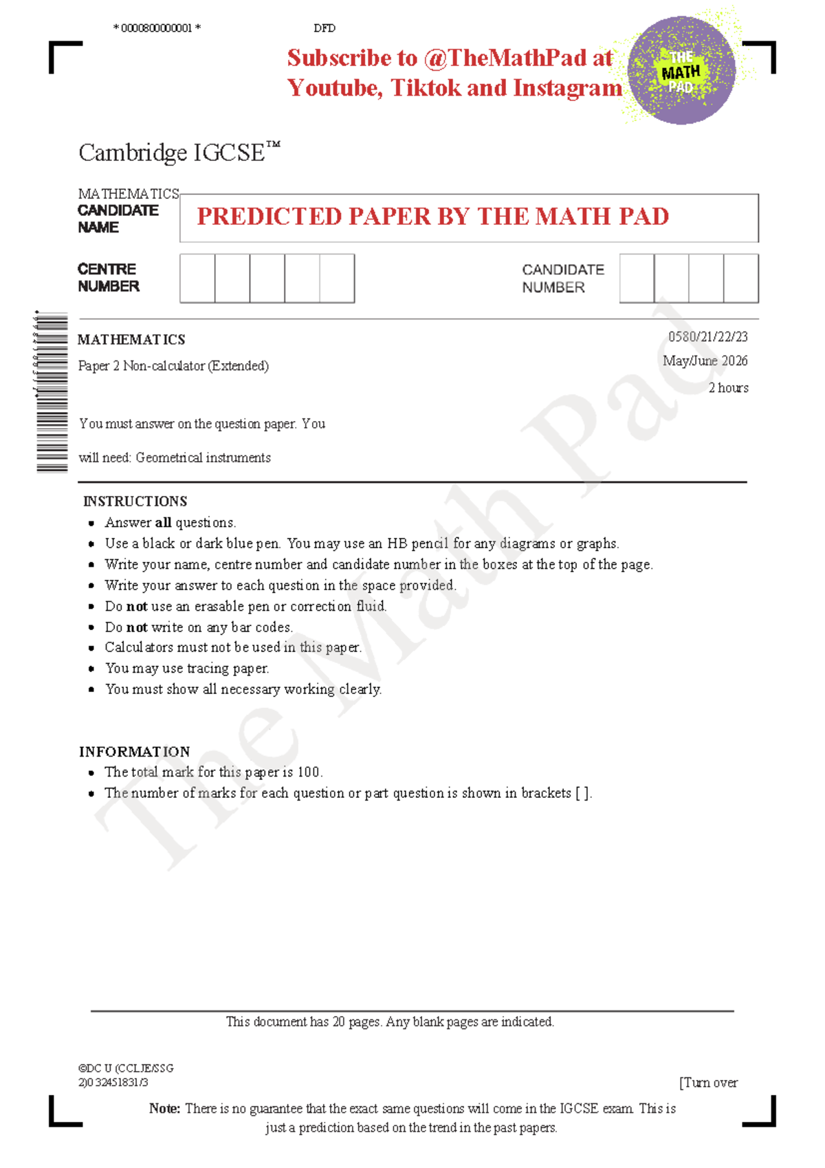 Cambridge IGCSE Mathematics P2 (Extended) 2026 Predicted Paper - Studocu