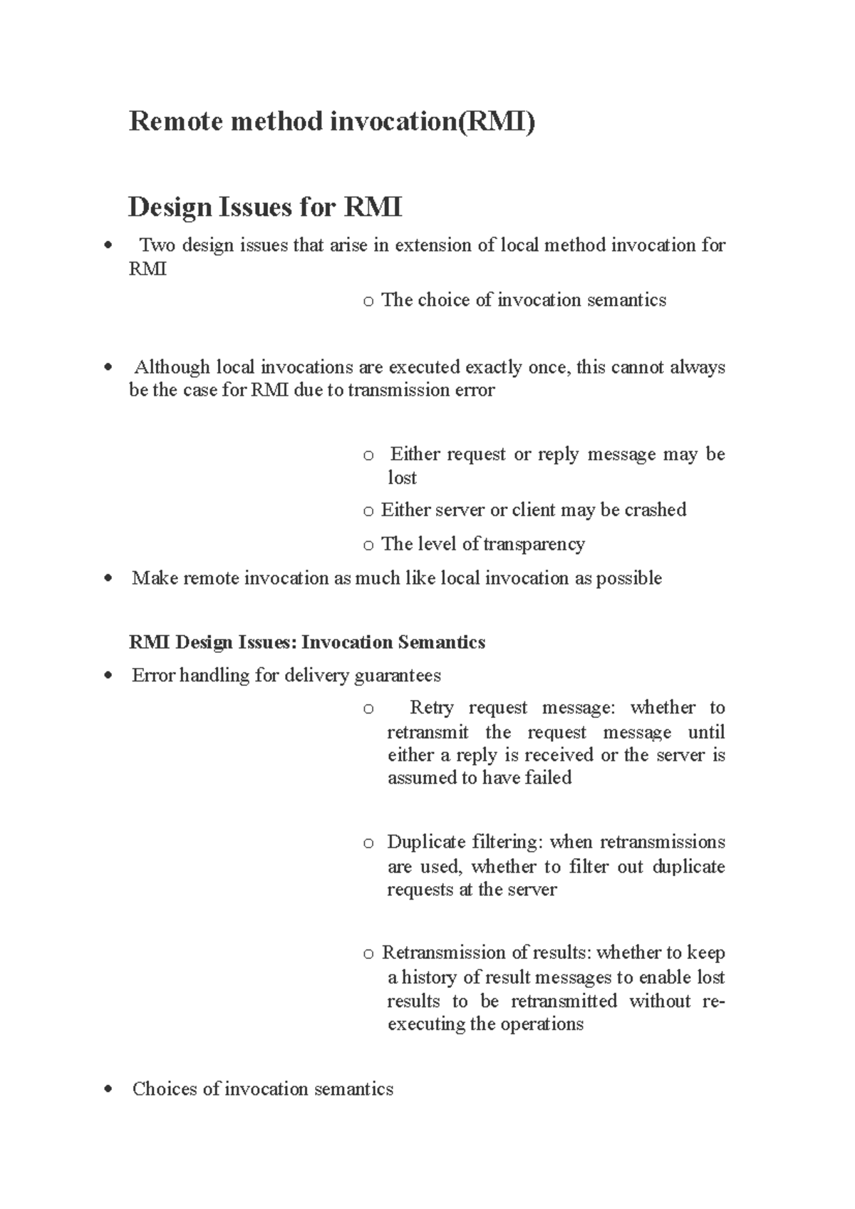 RMI Design Issues: Invocation Semantics and Transparency Insights - Studocu