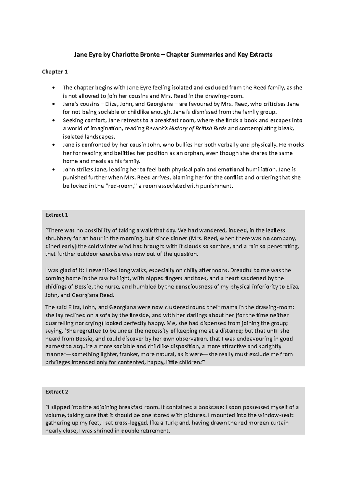 Jane Eyre (ENG 101) Chapter Summaries & Key Extracts Analysis - Studocu