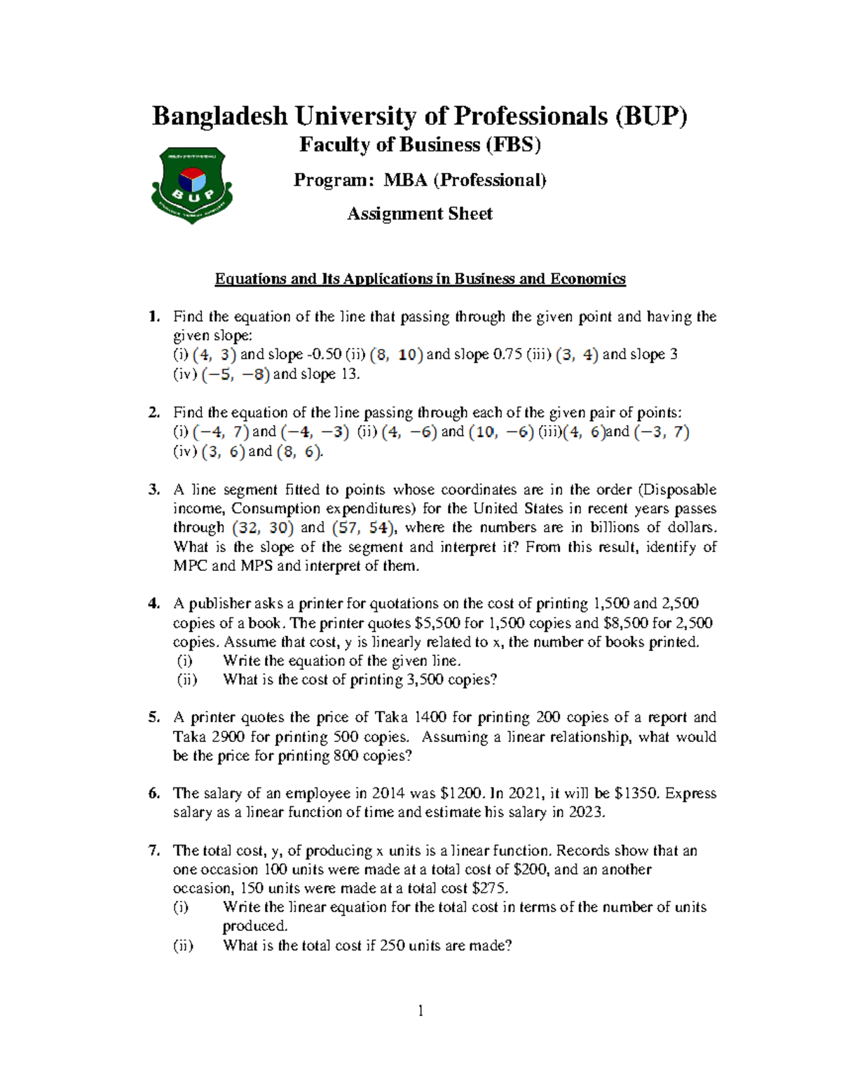 Problem Sheet: MBA (Professional) Business Mathematics - BUP - Studocu