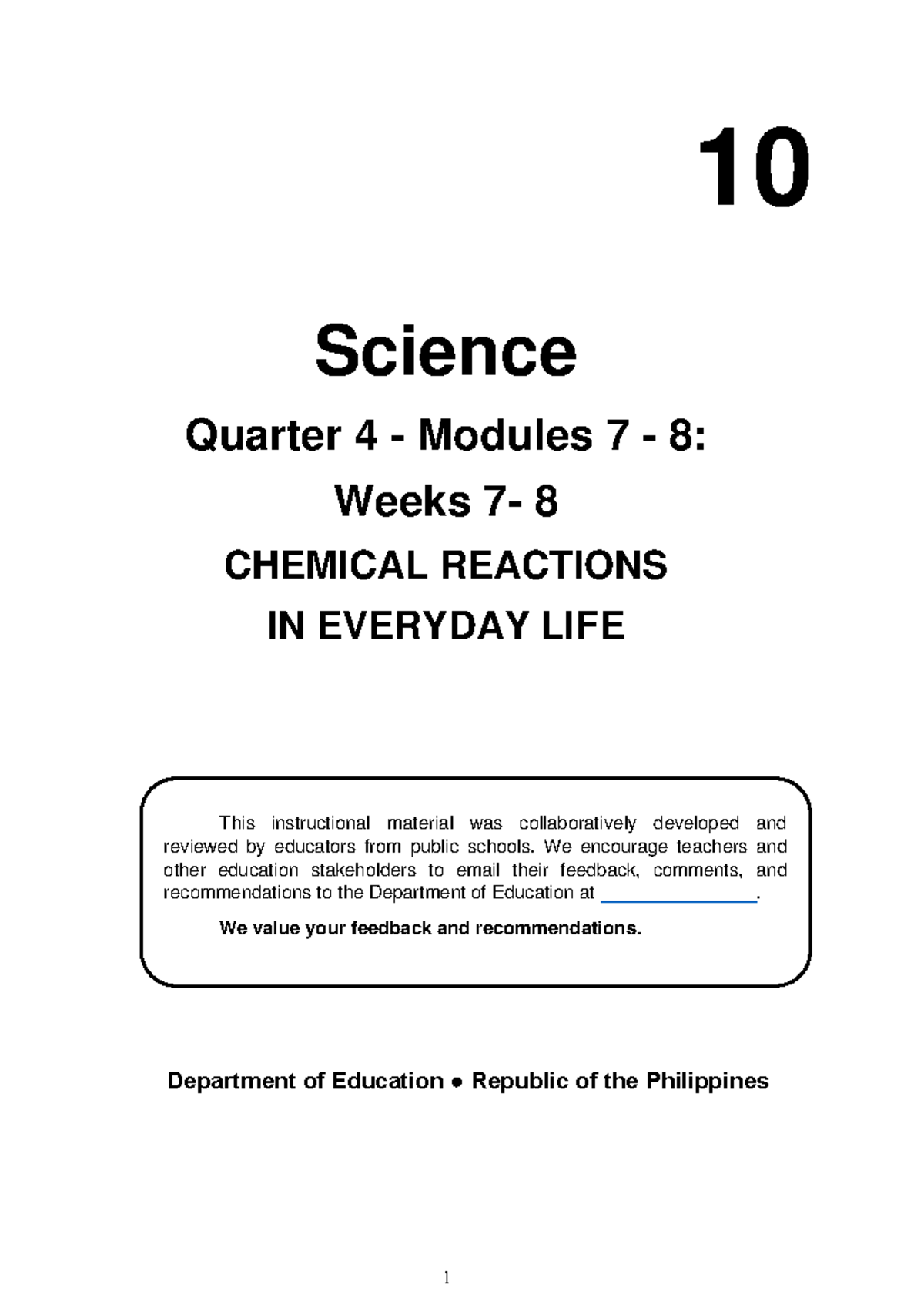 Science 10 Q4 Modules 7 & 8: Chemical Reactions in Everyday Life - Studocu
