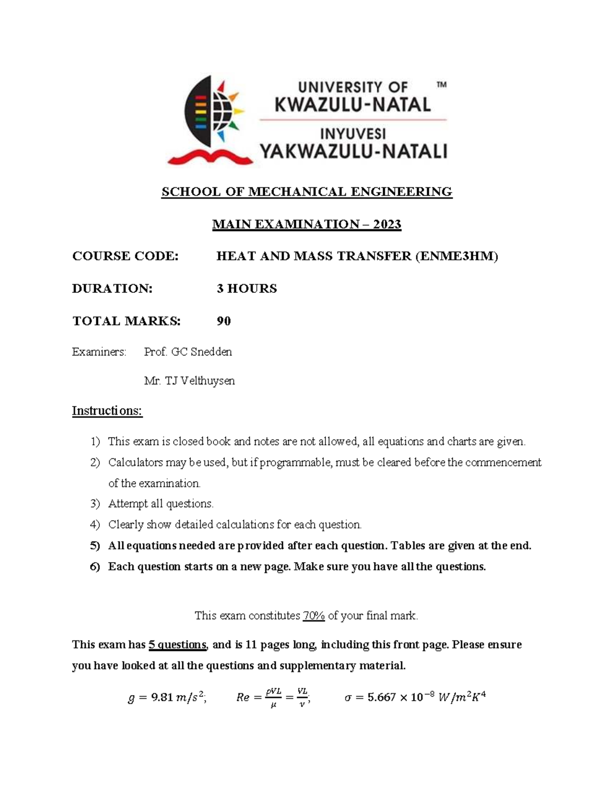 ENME3HM HEAT AND MASS TRANSFER 2023 FINAL EXAMINATION GUIDE - Studocu