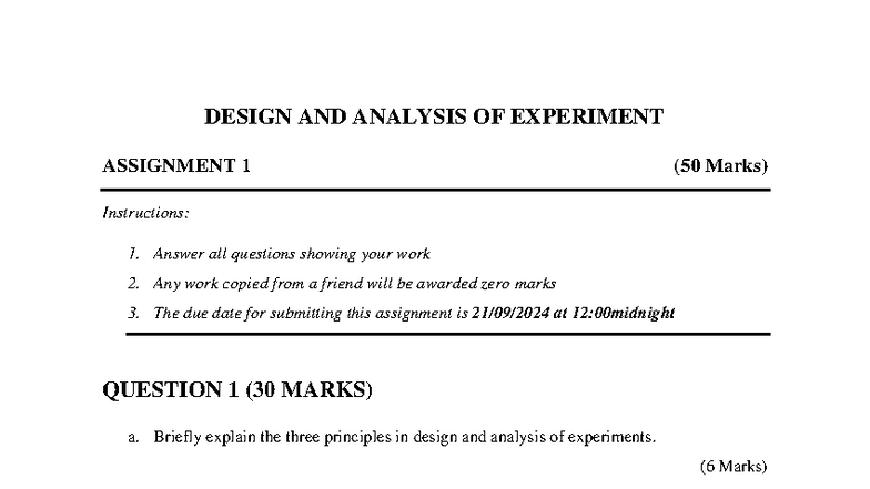 DESIGN AND ANALYSIS OF EXPERIMENT ASSIGNMENT 1 (50 Marks) - Studocu