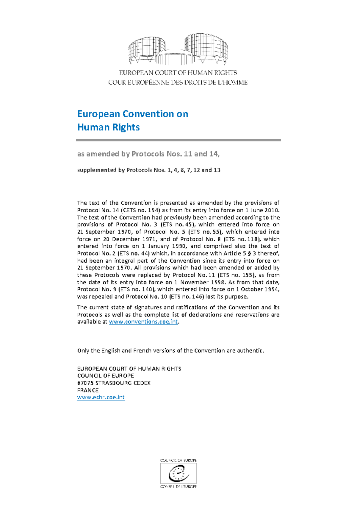 ECHR Human Rights Convention & Protocols Overview (Amended) - Studocu