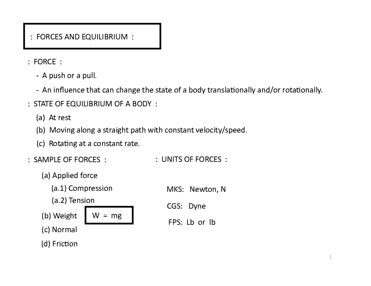 3 Physics I - Forces AND Equilibrium - First Condition - : FORCES AND ...