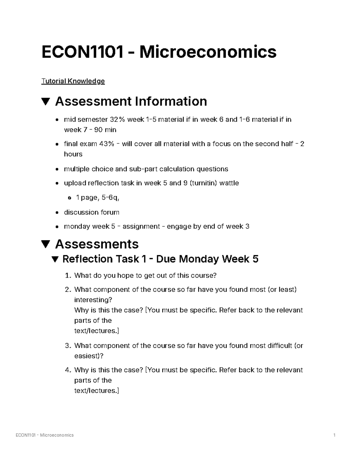 ECON1101 Microeconomics Full Lecture Notes and Assessment Guide - Studocu