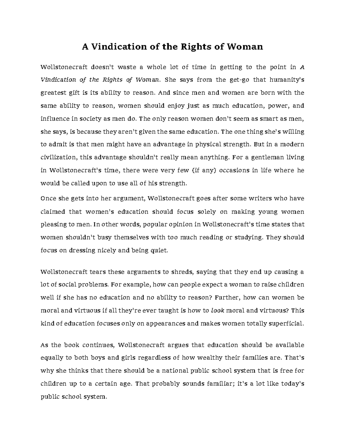 A Vindication of the Rights of Woman: Key Concepts and Analysis (ENG 146) - Studocu