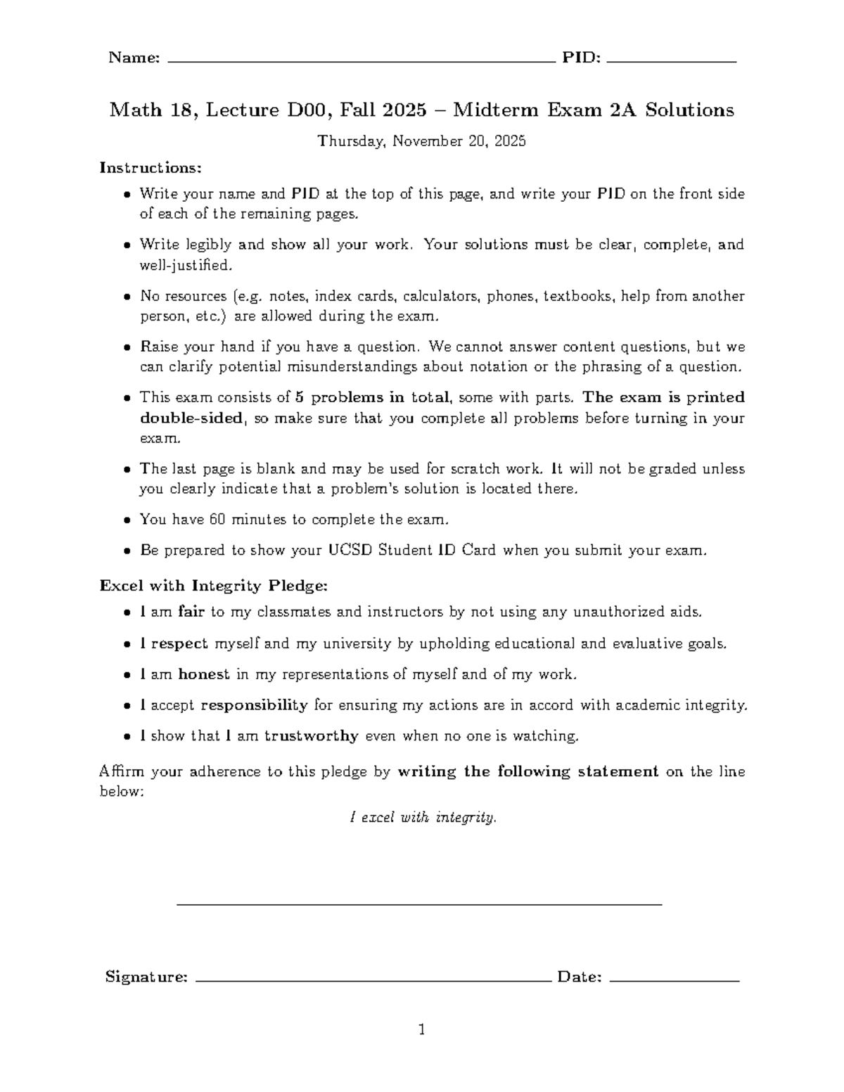 Math 18, Lecture D00, Fall 2025 Midterm Exam 2A Solutions - Studocu