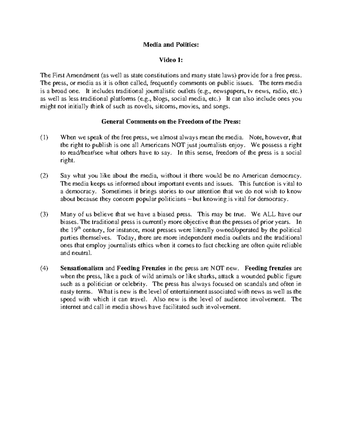 Media lecture notes - Media and Politics: Video 1: The First Amendment ...