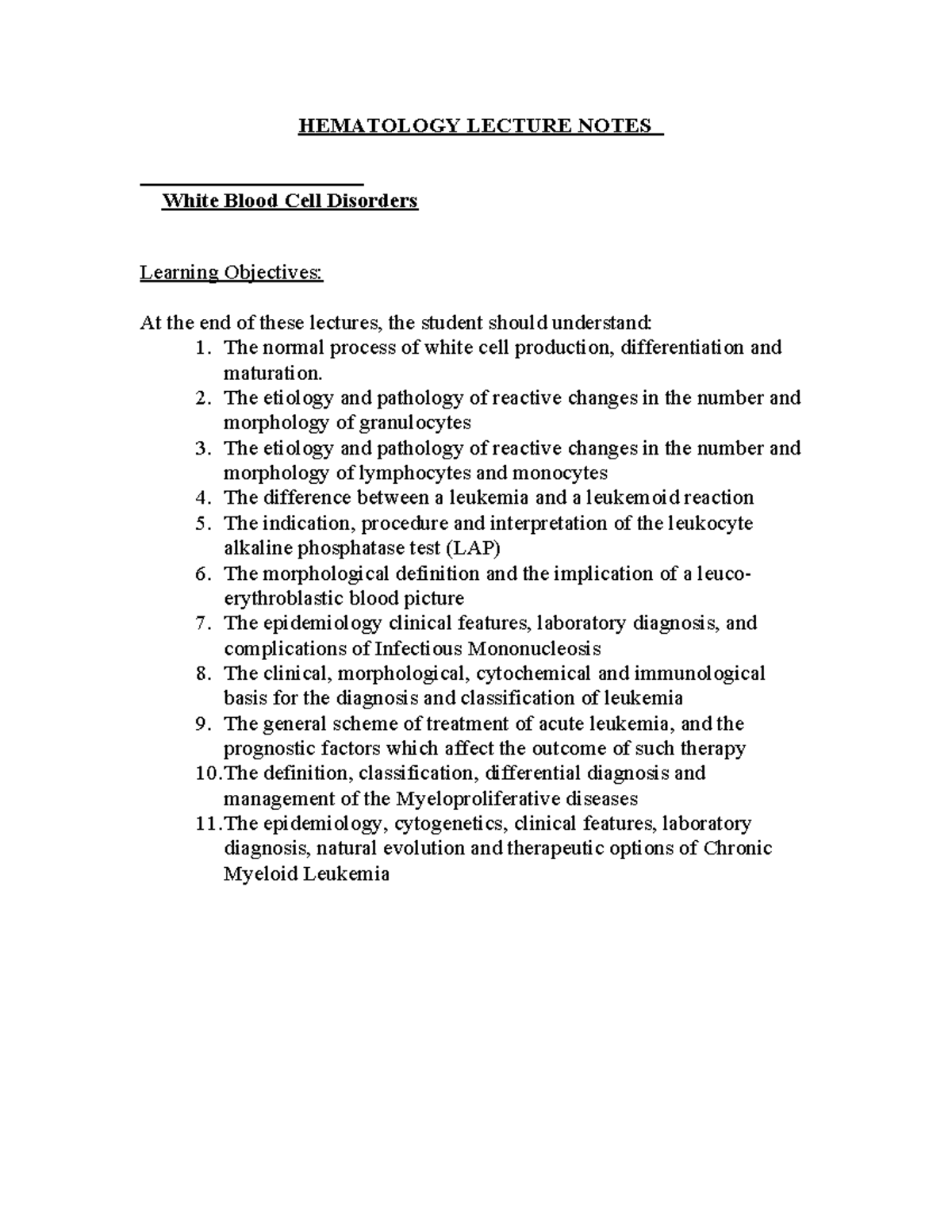 Hematology Lecture Notes: WBC Disorders & Myeloproliferative Diseases ...