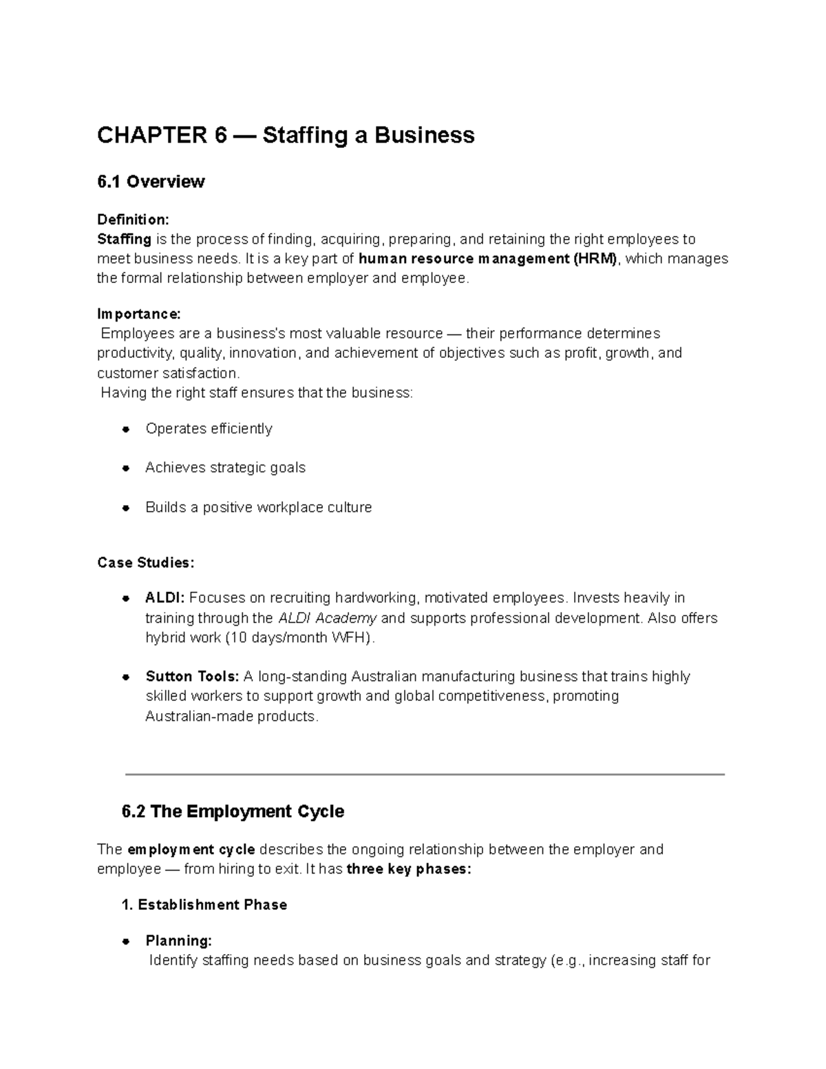 Chapter 6 — Staffing a Business: Key Concepts and Case Studies - Studocu