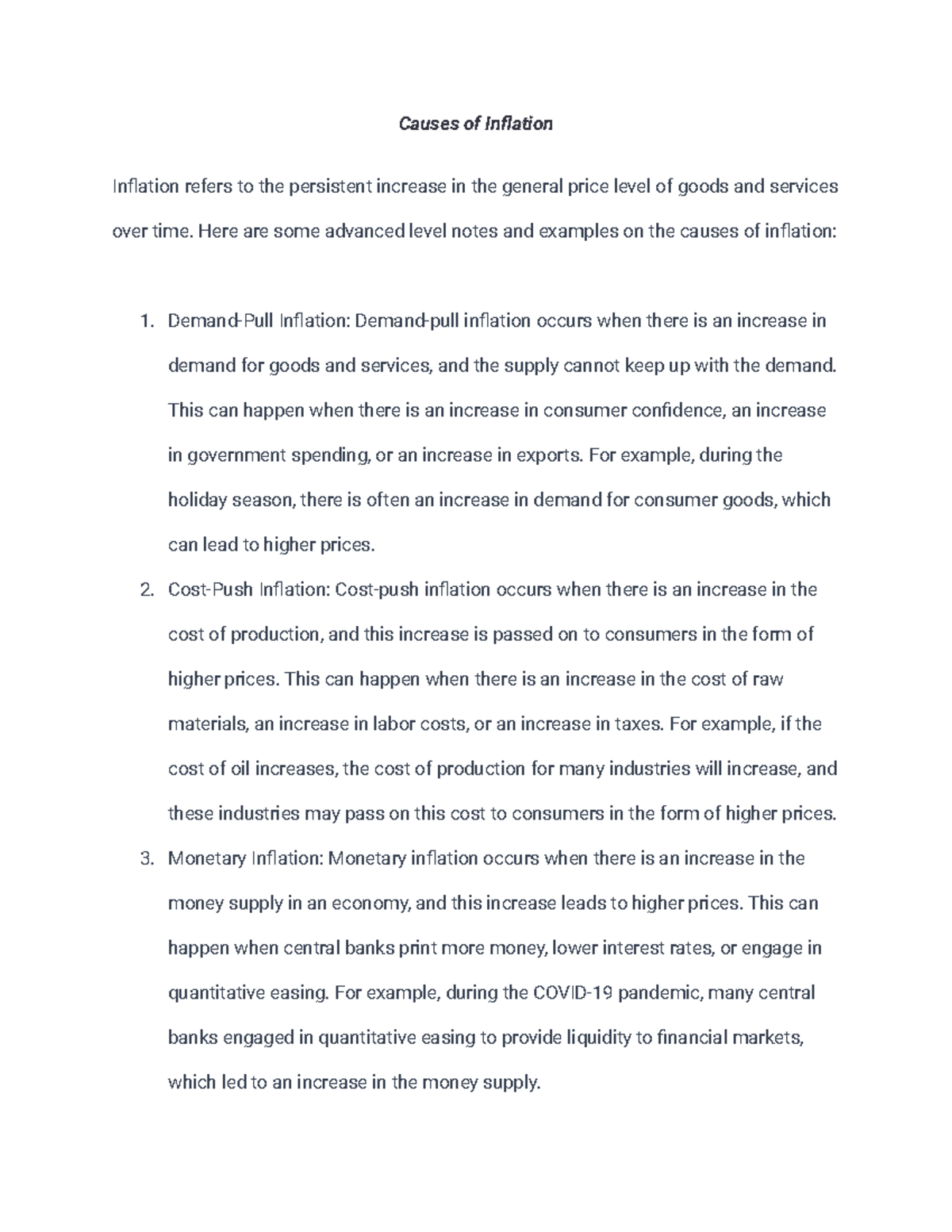 Notes on Causes of Inflation - Causes of Inflation Inflation refers to ...