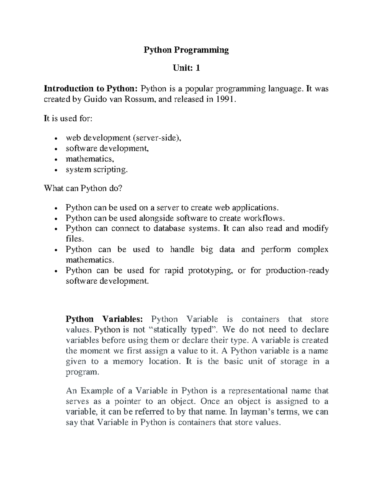 Python Programming Unit 1: Intro to Variables and Operators - Studocu