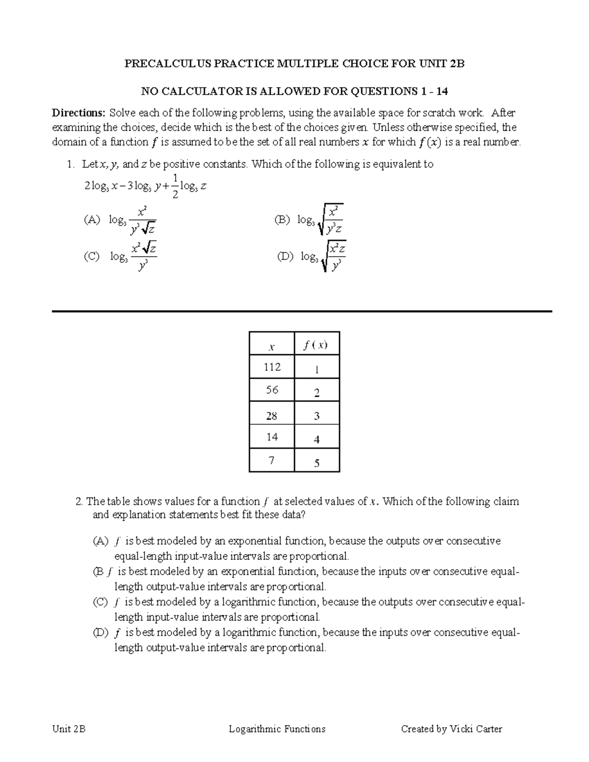 Student Practice MCQs for Precalculus Unit 2B: Logarithmic Functions ...
