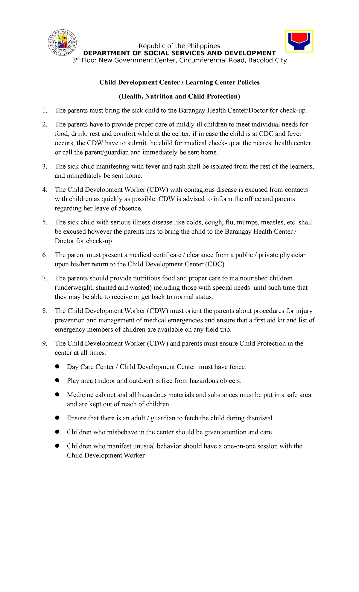 Child Development Center Policies: Health, Nutrition & Protection - Studocu
