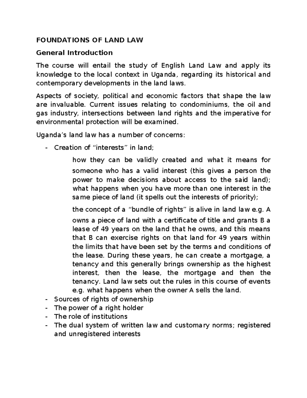Foundations of Land Law (LAW 101): Key Concepts and Principles - Studocu