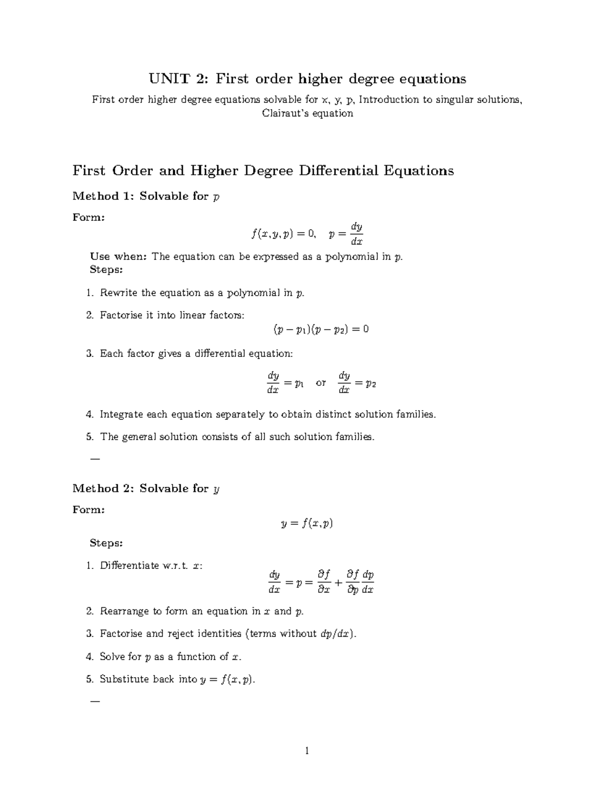 UNIT 2: Summary of First Order Higher Degree Equations - Studocu