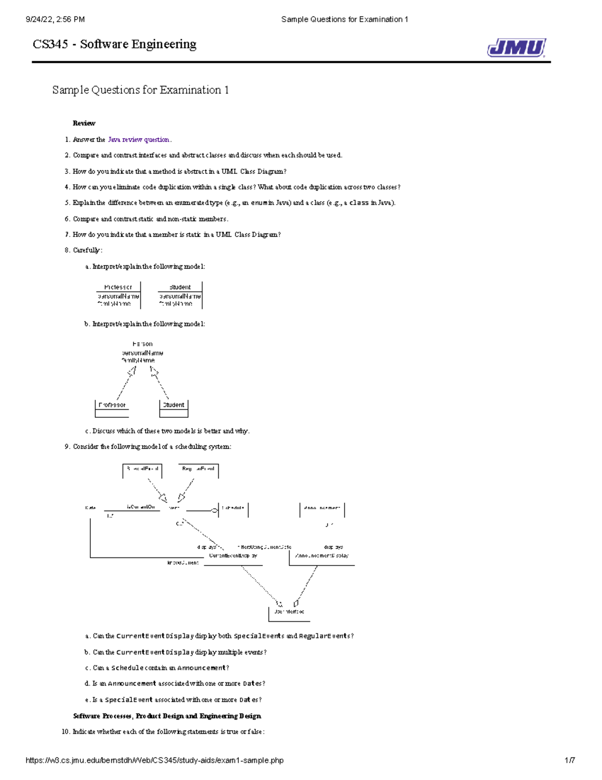 CS345 - Sample Exam Questions for Software Engineering I - Studocu