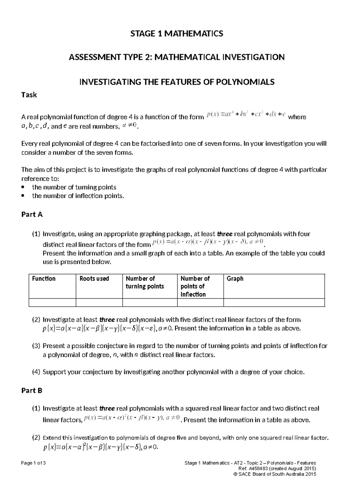 Stage 1 Mathematics AT2: Polynomial Features Investigation Task Sheet ...