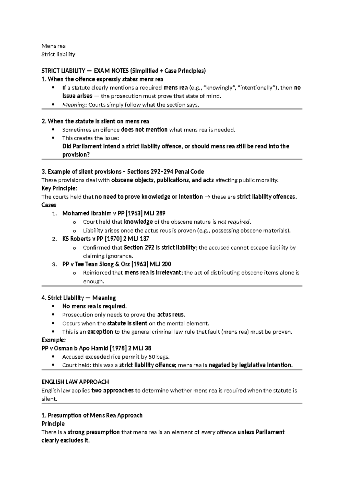 Mens Rea & Strict Liability Exam Notes (Simplified Principles) - Studocu