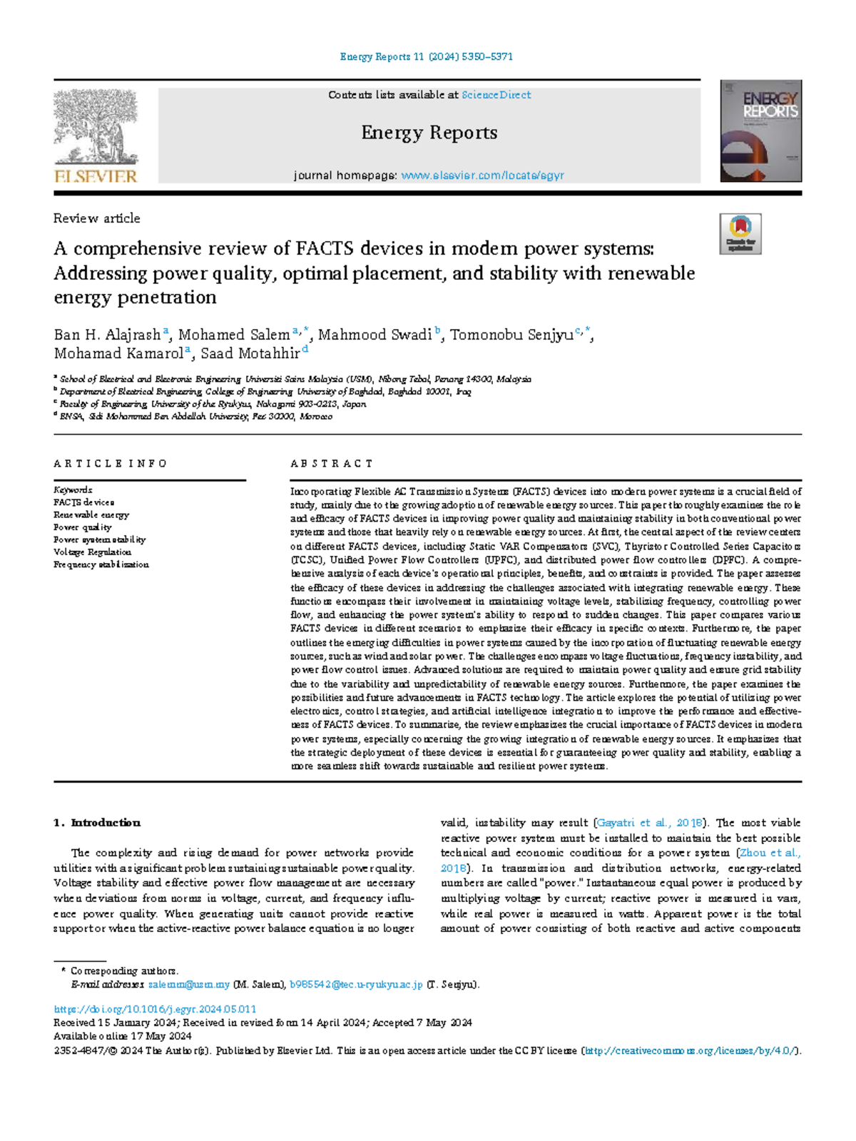 A Comprehensive Review of FACTS Devices in Power Systems (EE 2024 ...