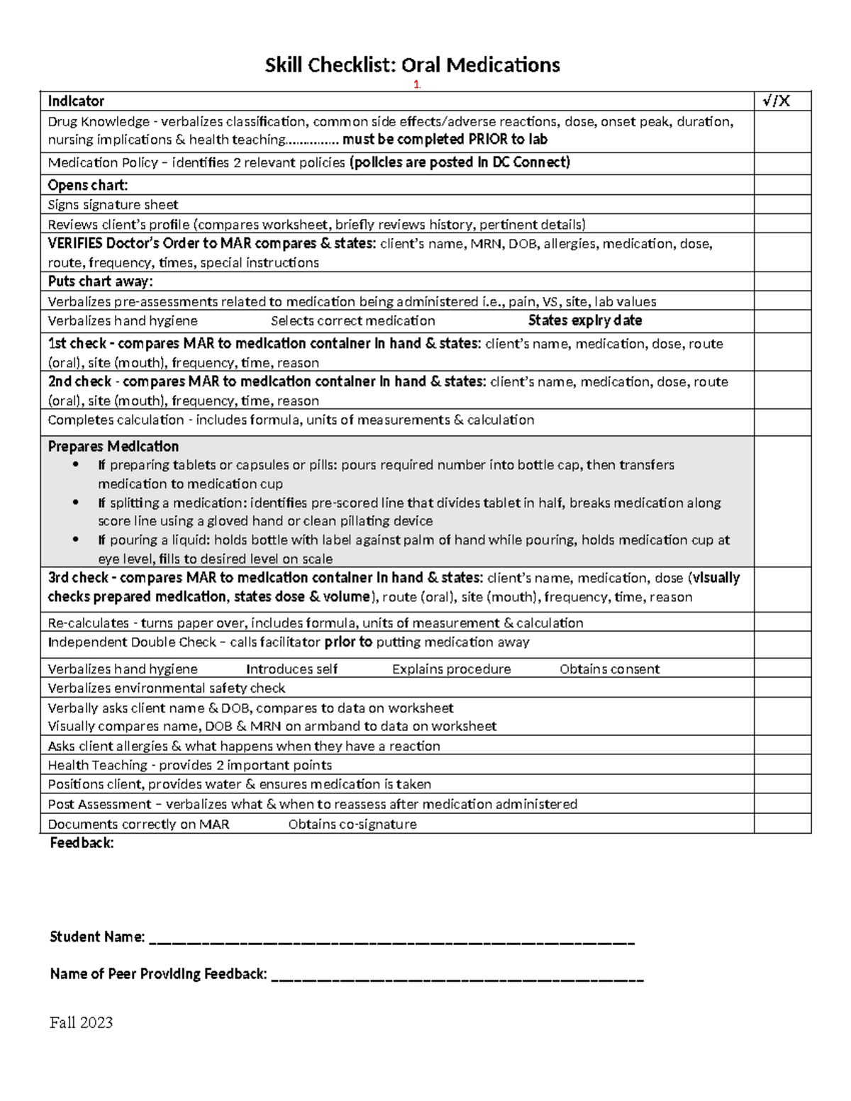 Oral Meds Skills Checklist for Week 1 - Nursing Fundamentals - Studocu