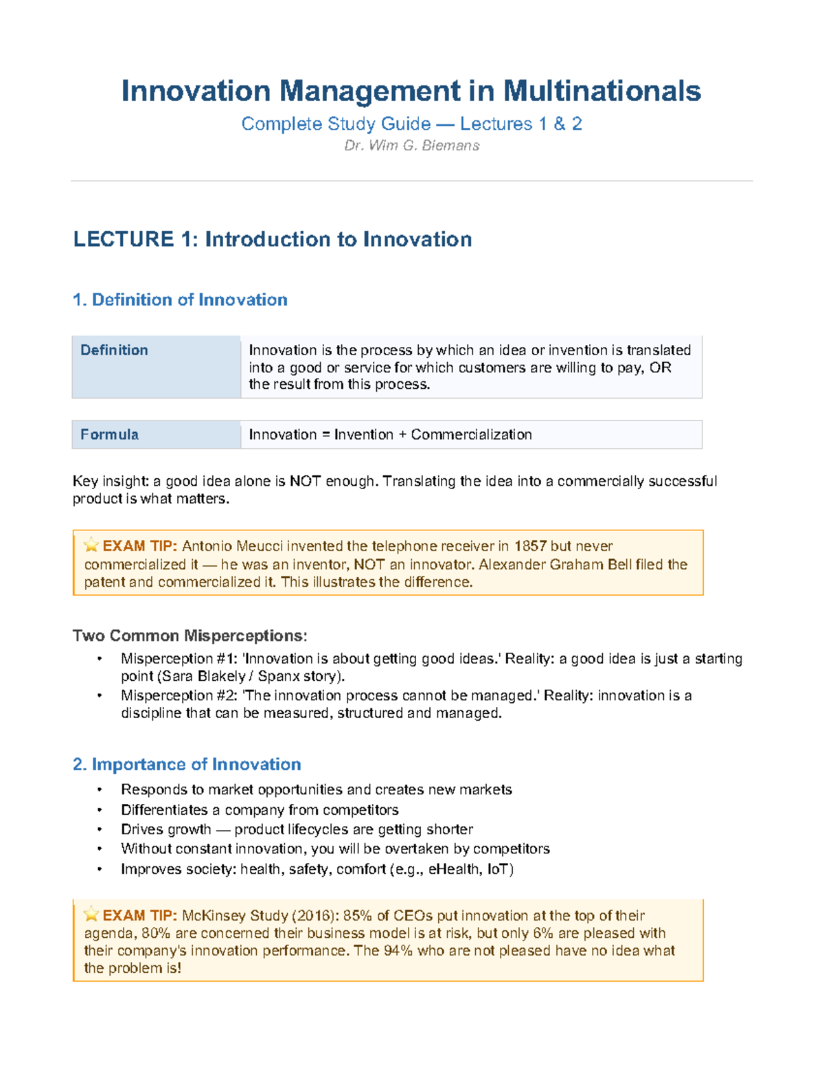 IMM Innovation Management Complete Study Guide: Lectures 1 & 2 Summary ...