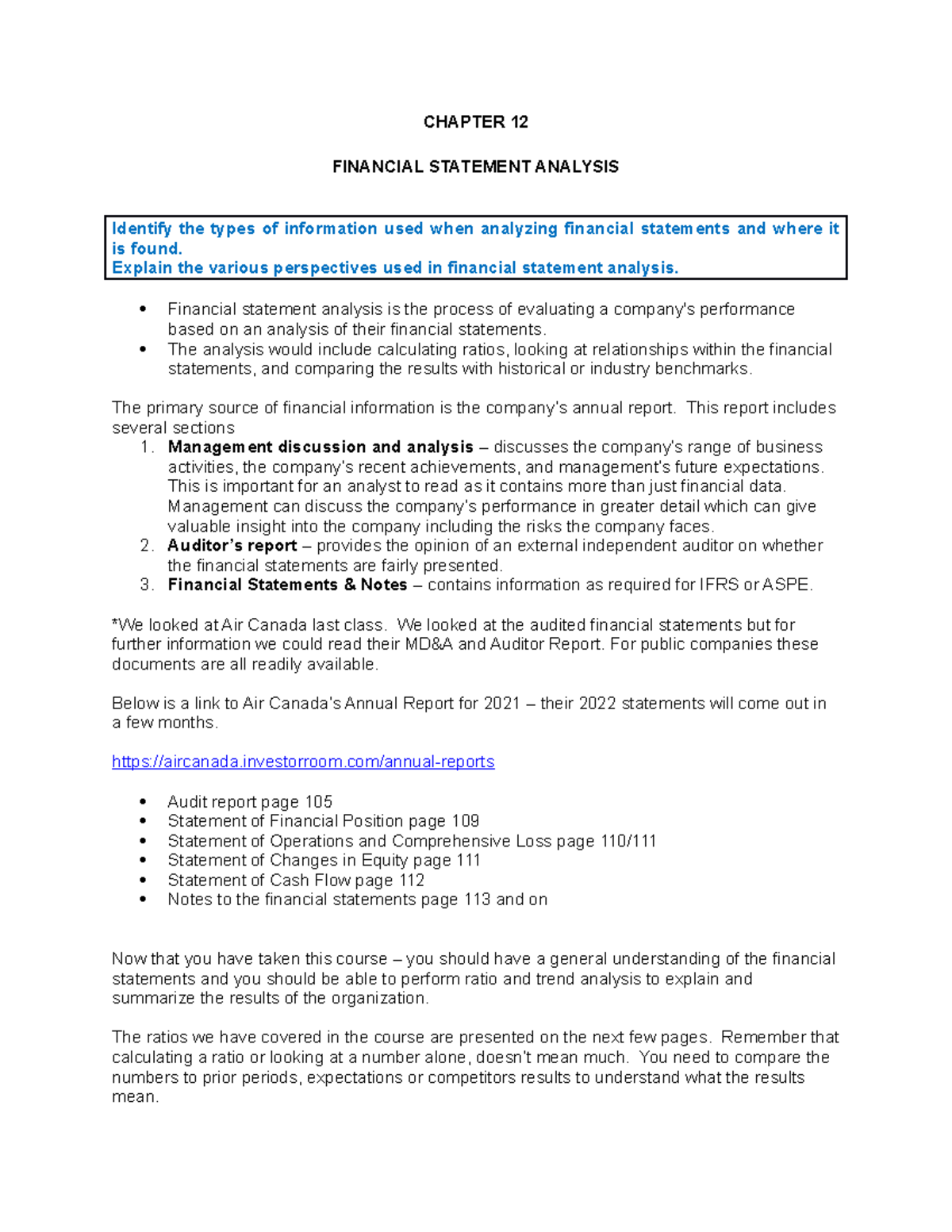 Chapter 12 Student - Nov 25 - CHAPTER 12 FINANCIAL STATEMENT ANALYSIS ...