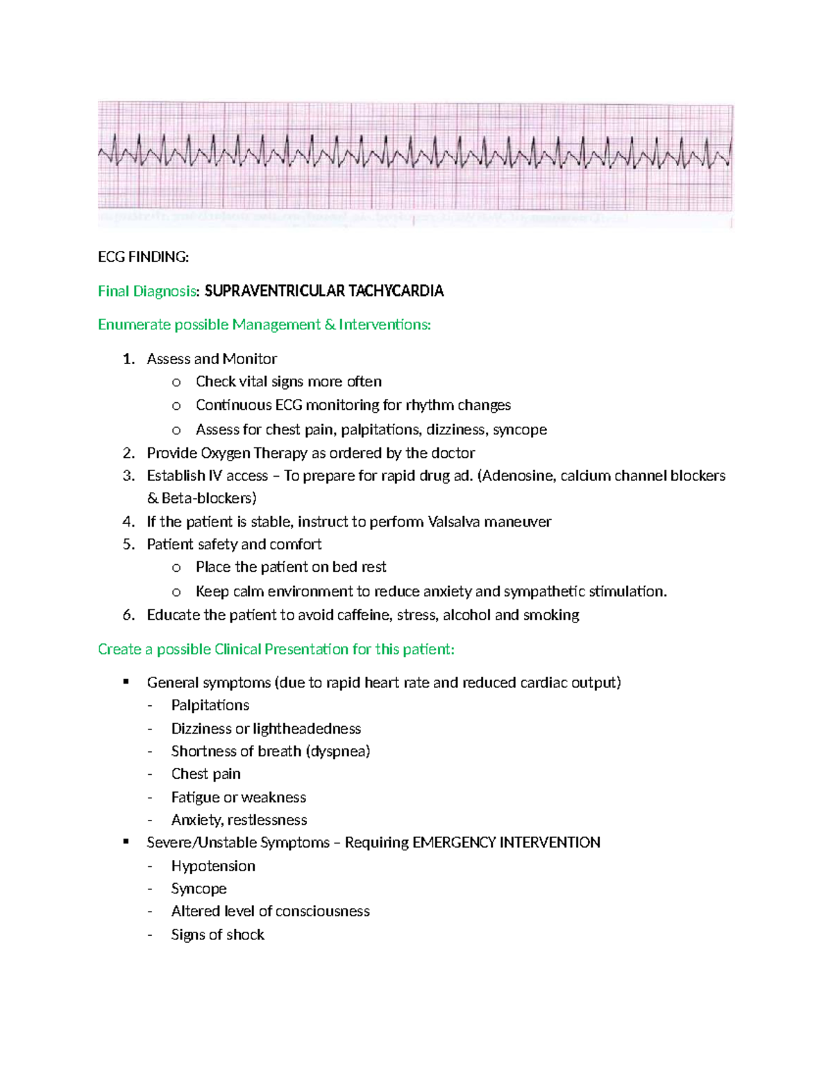 ECG Findings: Management of Supraventricular Tachycardia (SVT) - Studocu