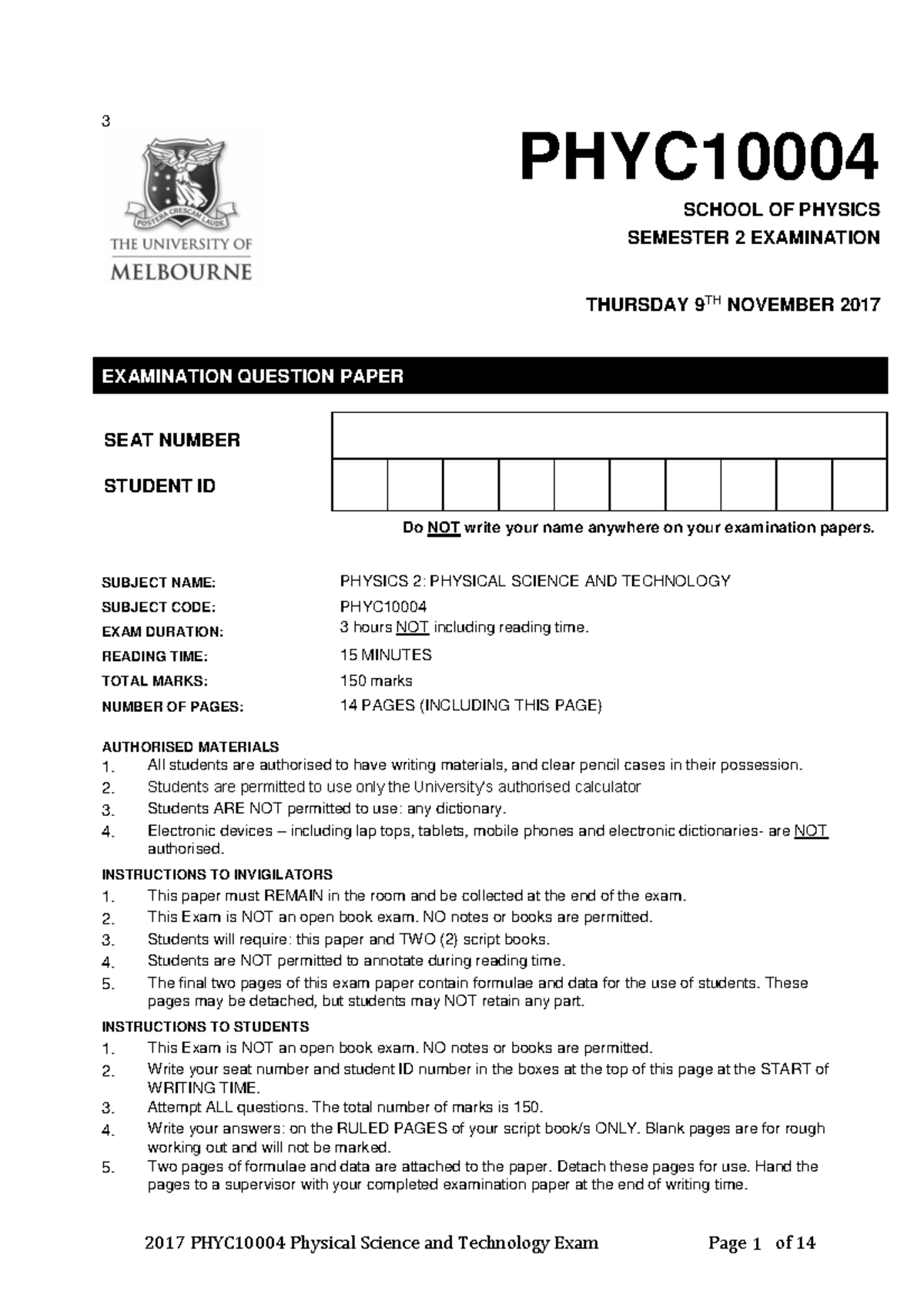 PHYC10004 Semester 2 2017 Physics 2 Exam Question Paper - Studocu