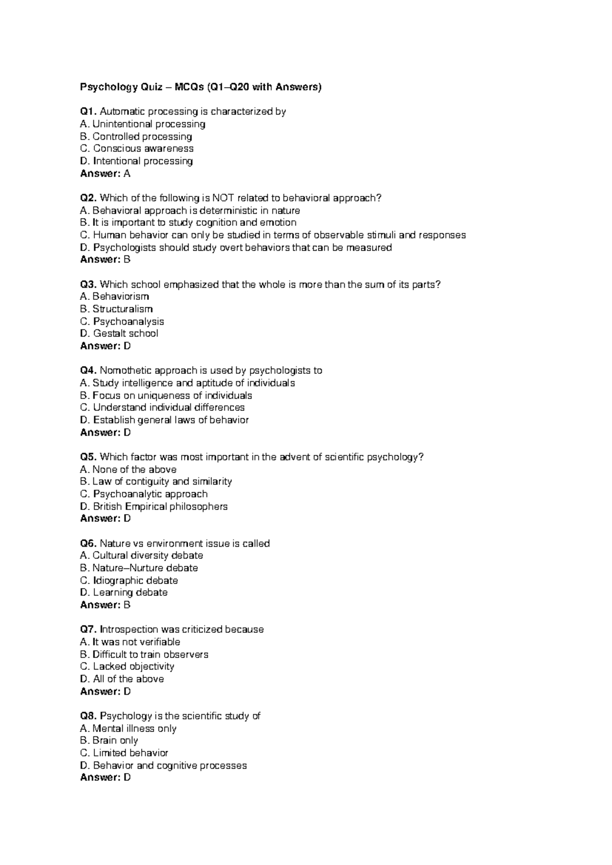 Psychology Quiz MCQs (PSY101) with Answers: Q1 to Q20 - Studocu