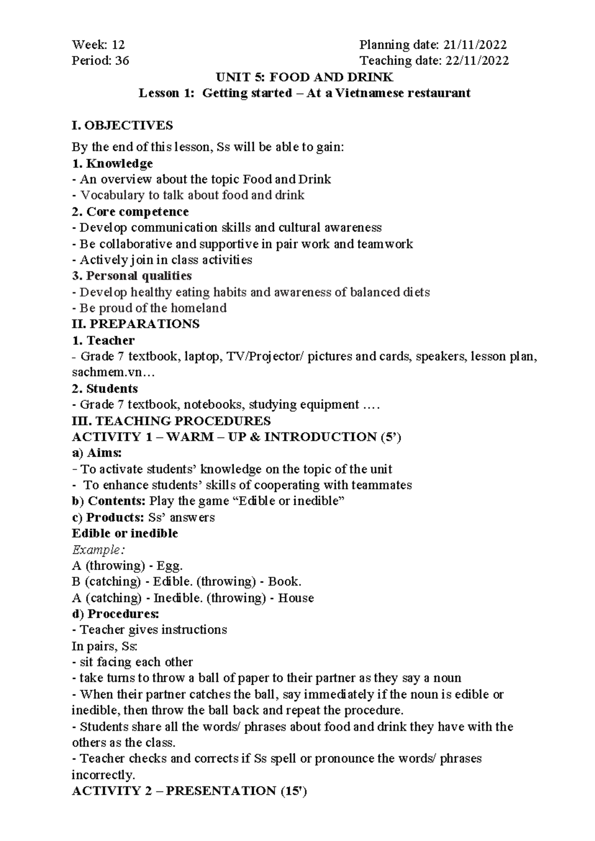 Unit 5 Vietnamese Food and Drink Lesson 1 Getting started - Week: 12 ...