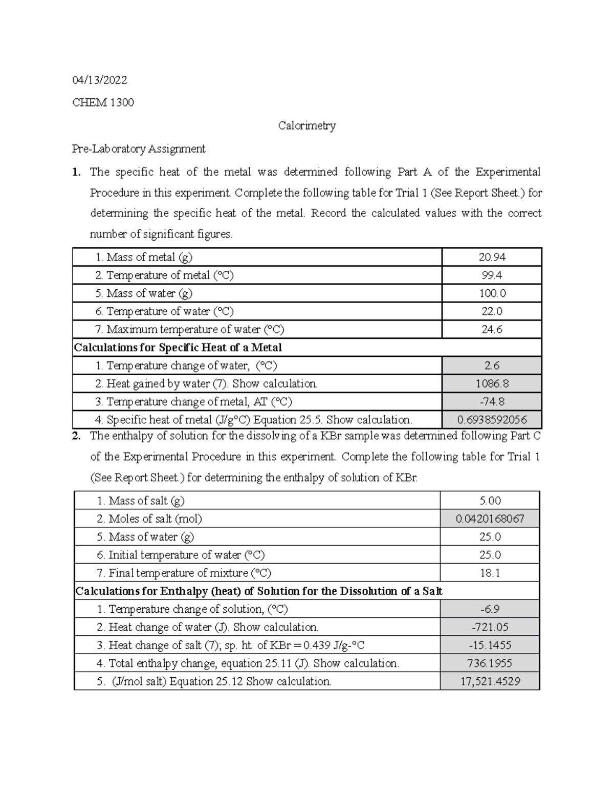 Calorimetry Lab Report - CHEM 1300 Final Findings and Calculations ...
