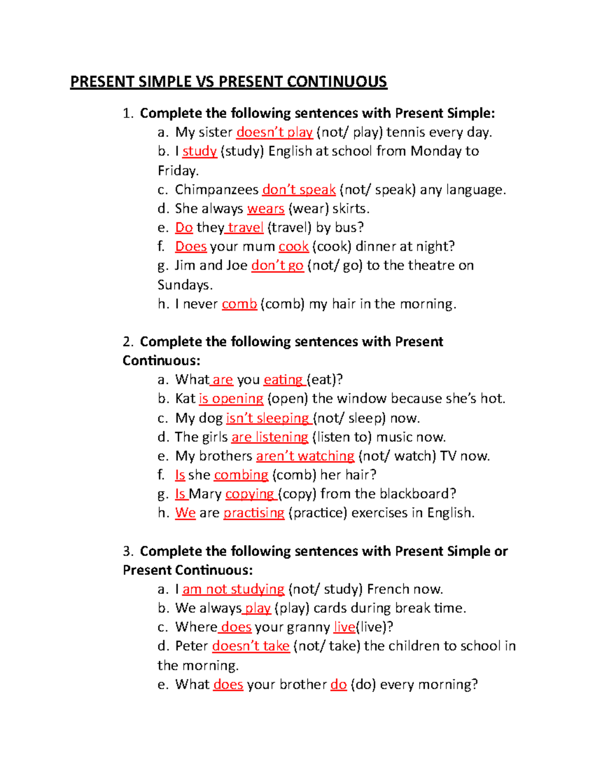 Present Simple vs Present Continuous: Exercises & Practice Guide - Studocu