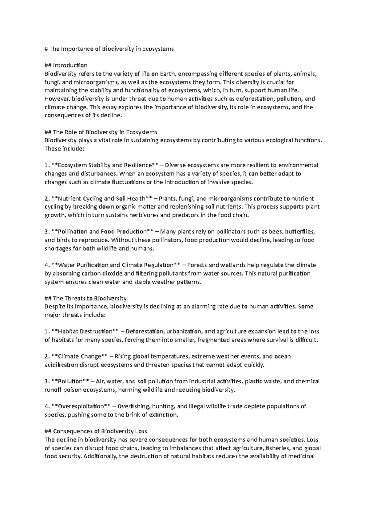 Biodiversity and Its Critical Role in Ecosystems - Essay Notes - Studocu