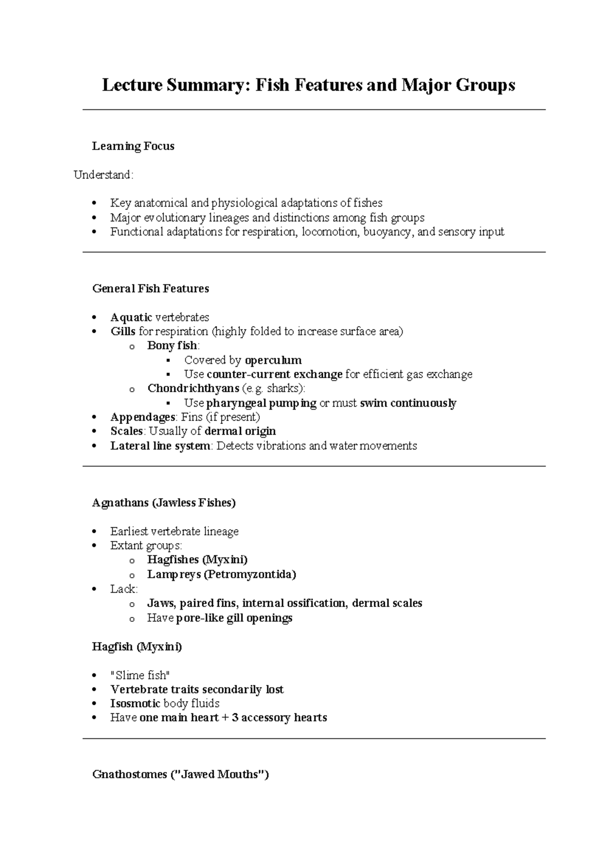 Zoology 6: Lecture Summary on Fish, Amphibians, Reptiles, Birds, and ...