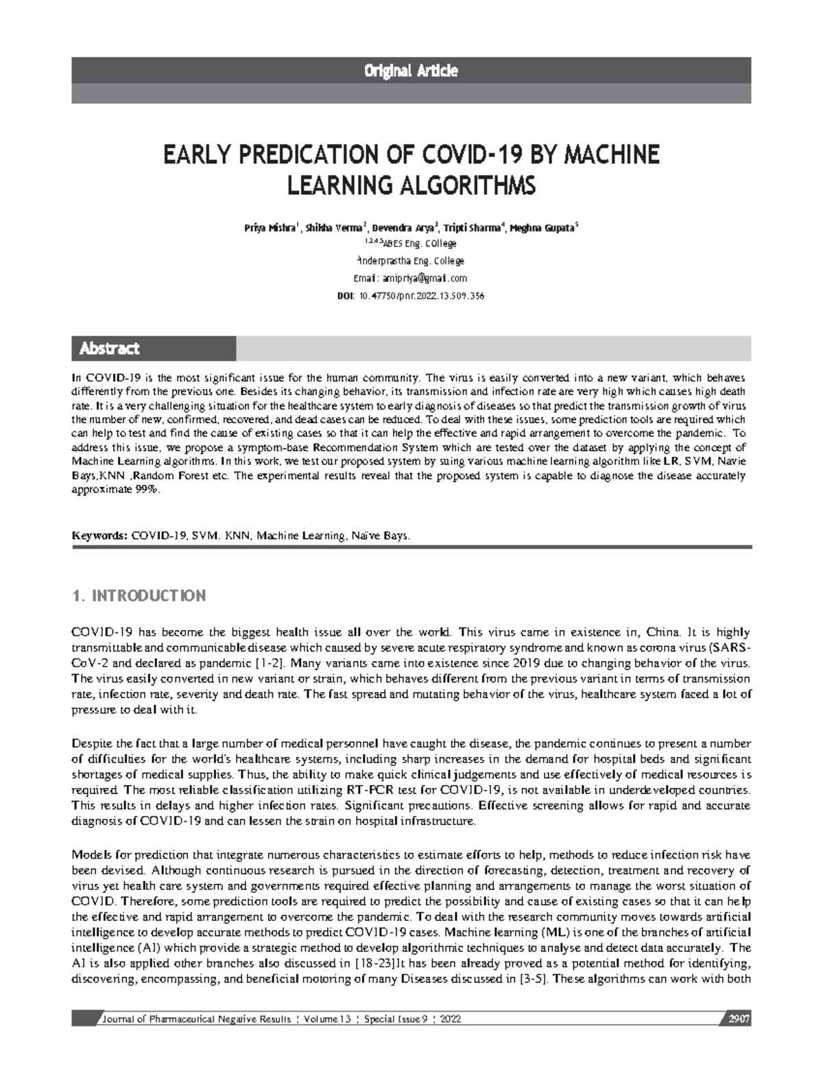 Early Prediction of COVID-19 Using ML Algorithms: Jpnr 2022 S09 356 ...