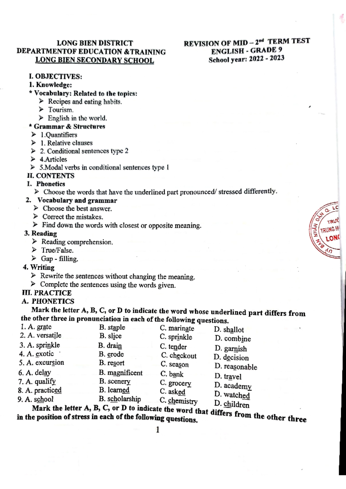 Revision of Mid 2nd Term Test for English Grade 9 - Long Bien School ...