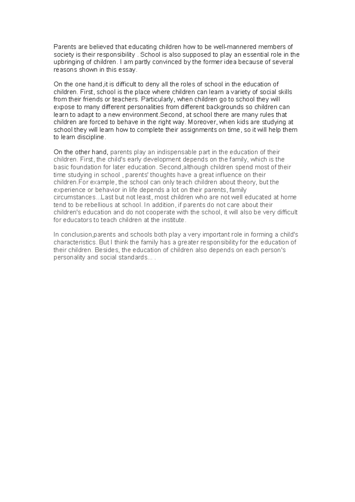 The Role of Parents vs. Schools in Child Education - Essay Notes - Studocu