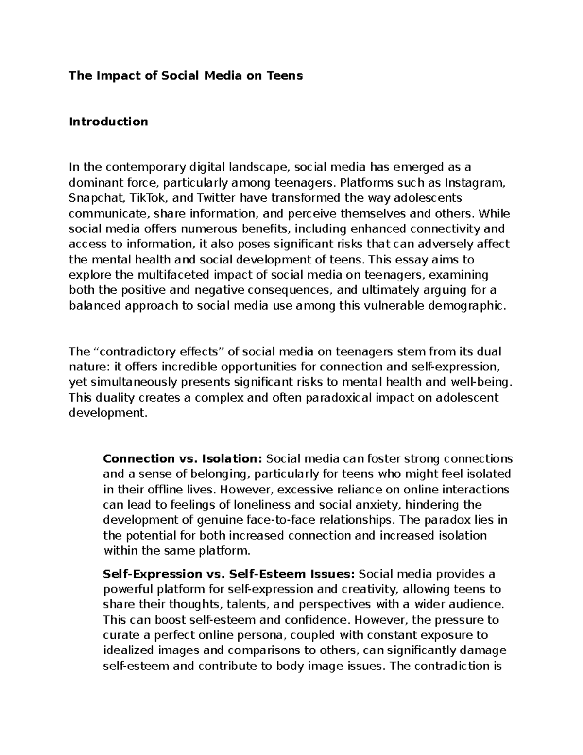Documented essay - The Impact of Social Media on Teens Introduction In ...
