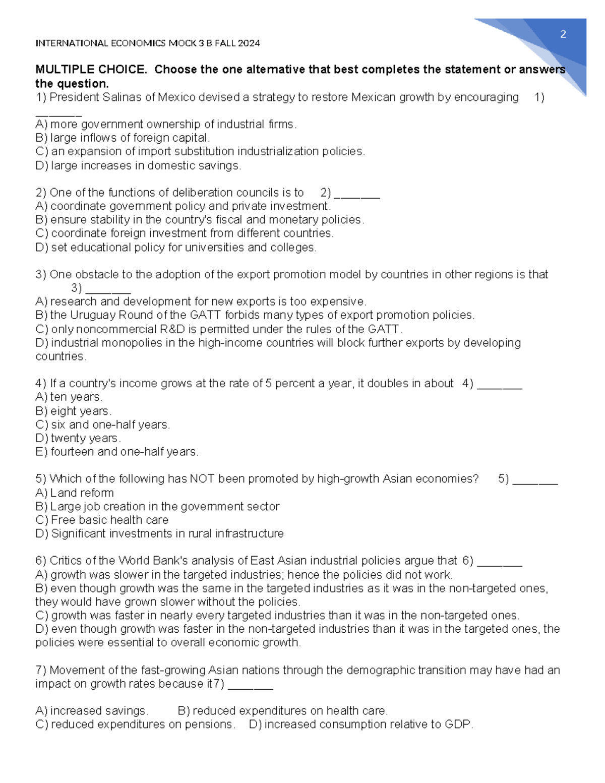 International Economics Mock Test 3B - Fall 2024 Multiple Choice - Studocu