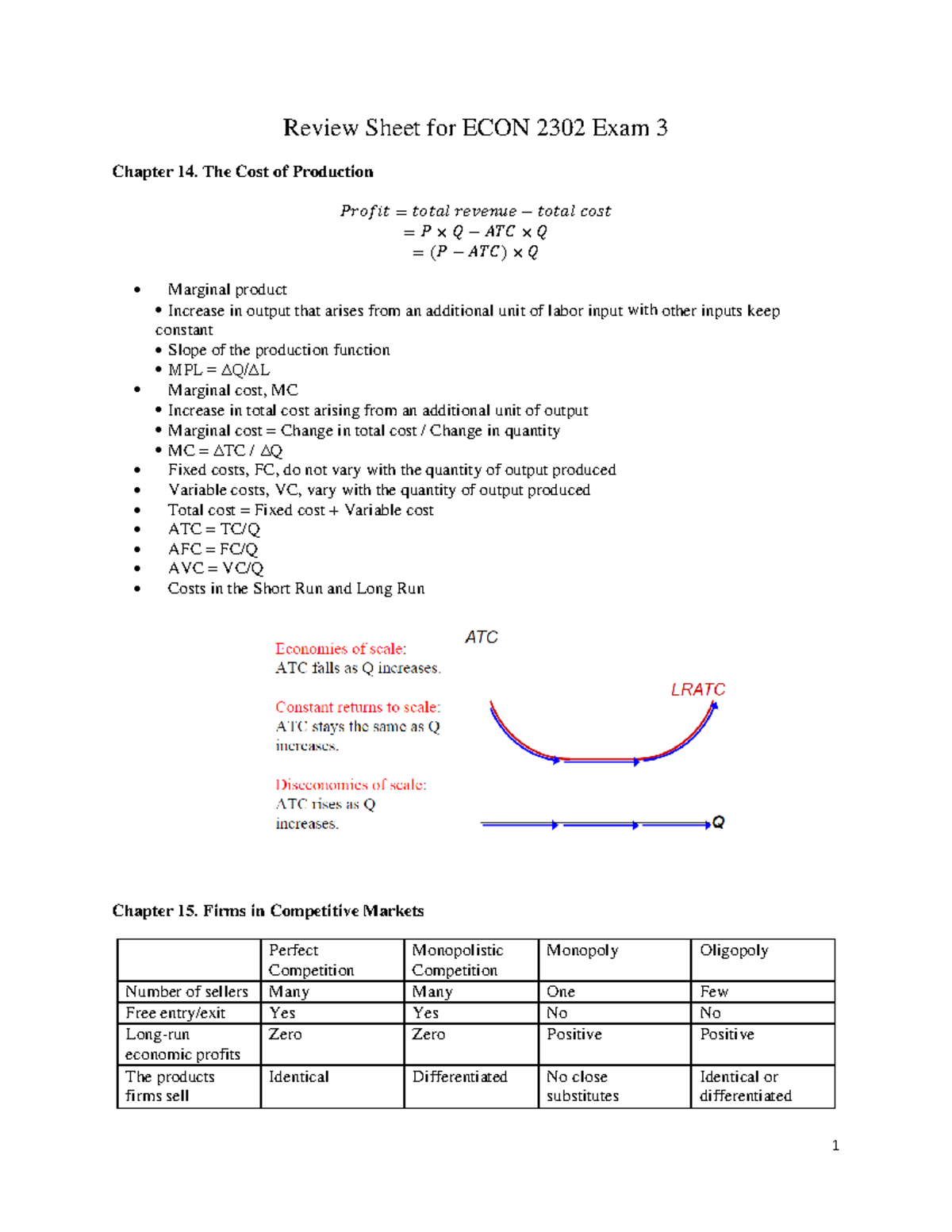 Review Sheet for ECON 2302 Exam 3: Cost of Production & Market ...