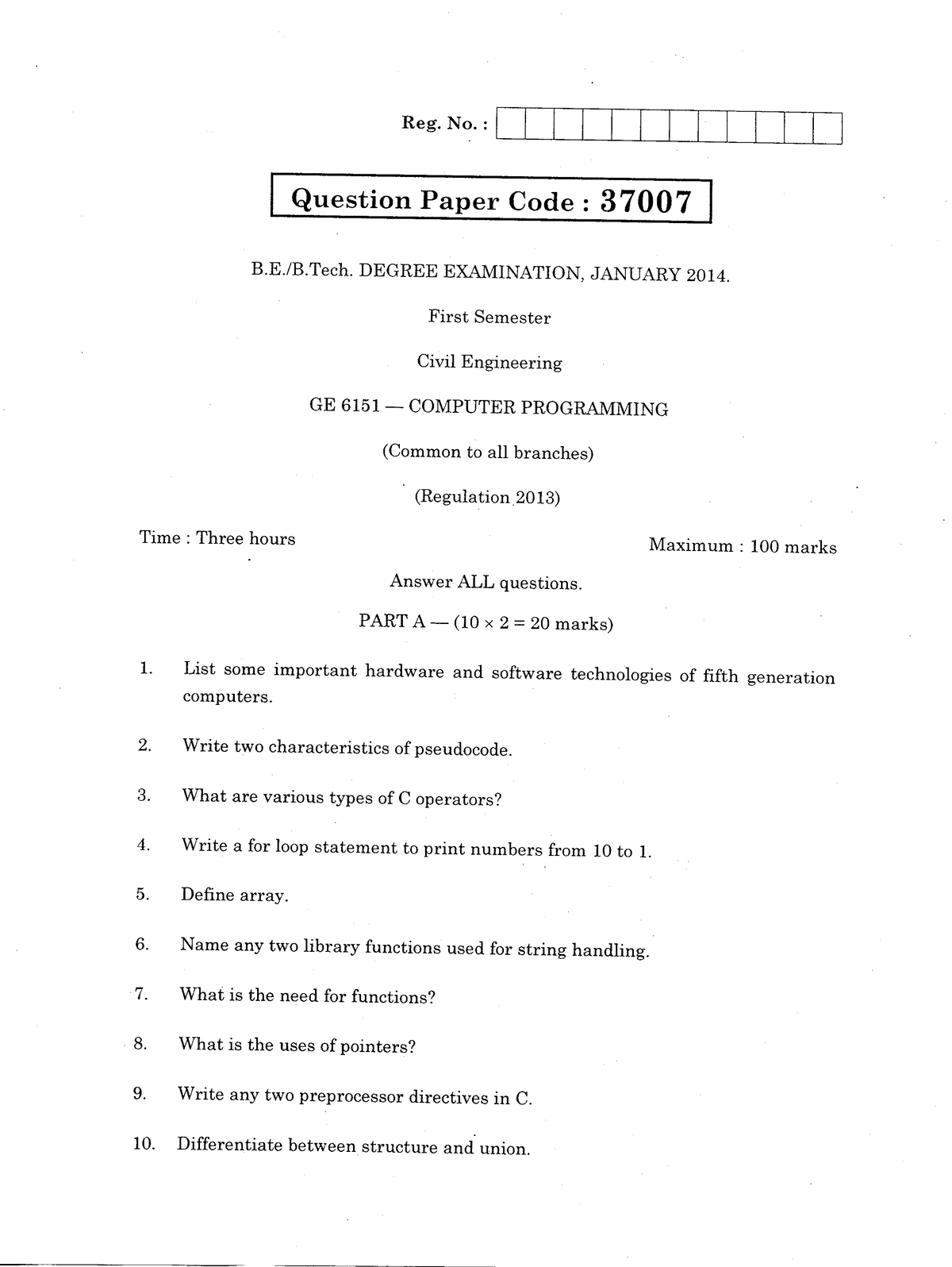 CP-GE 6151 Computer Programming - Question Paper January 2014 - Studocu