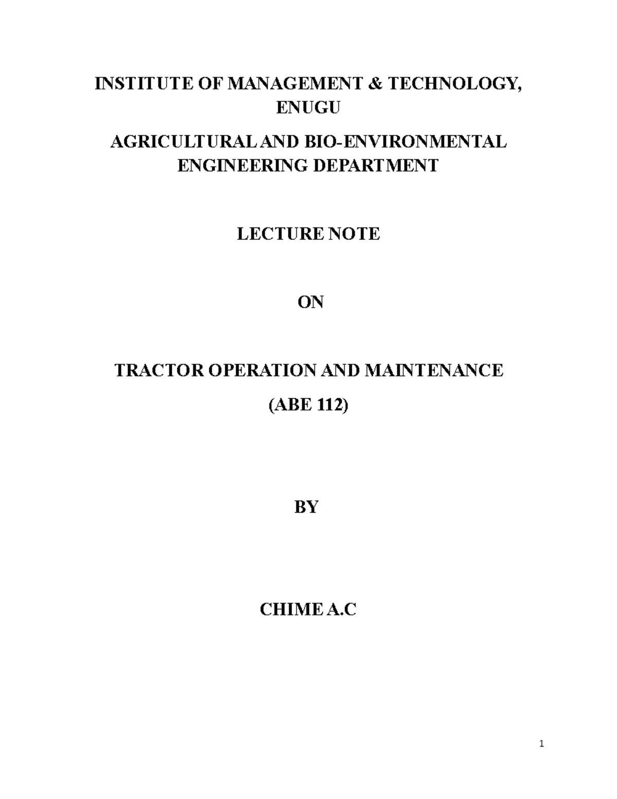 ABE 112 Tractor Operation & Maintenance Lecture Notes - Studocu