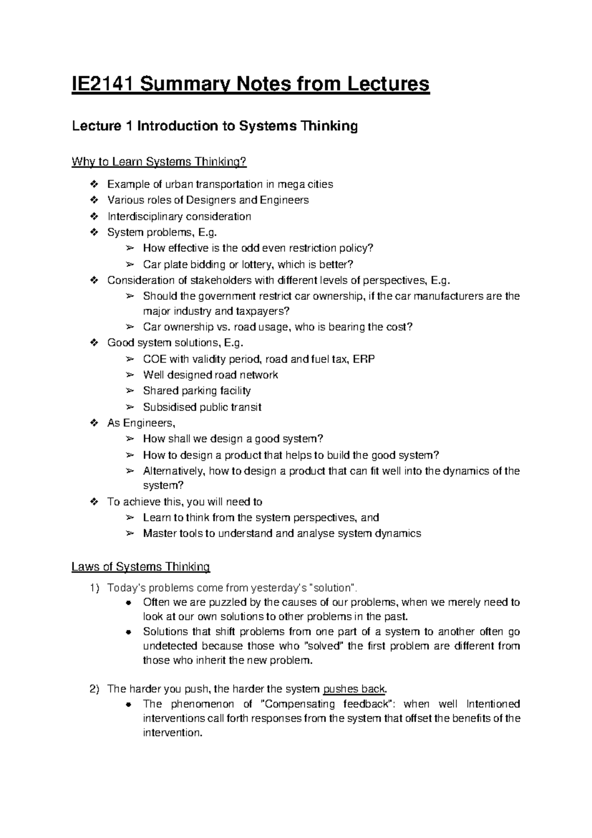 Finals IE2141 Summary Notes: Systems Thinking Lectures Overview - Studocu