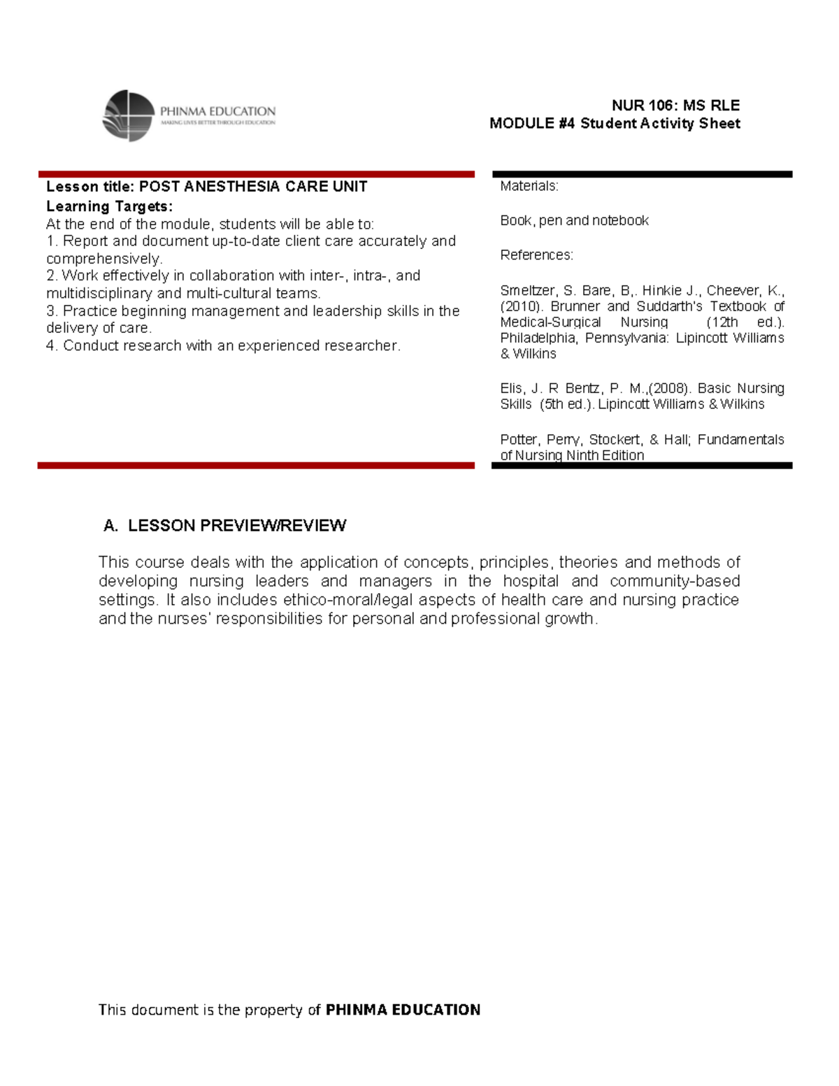 NUR106 Module 4: Post Anesthesia Care Unit Student Activity Guide - Studocu