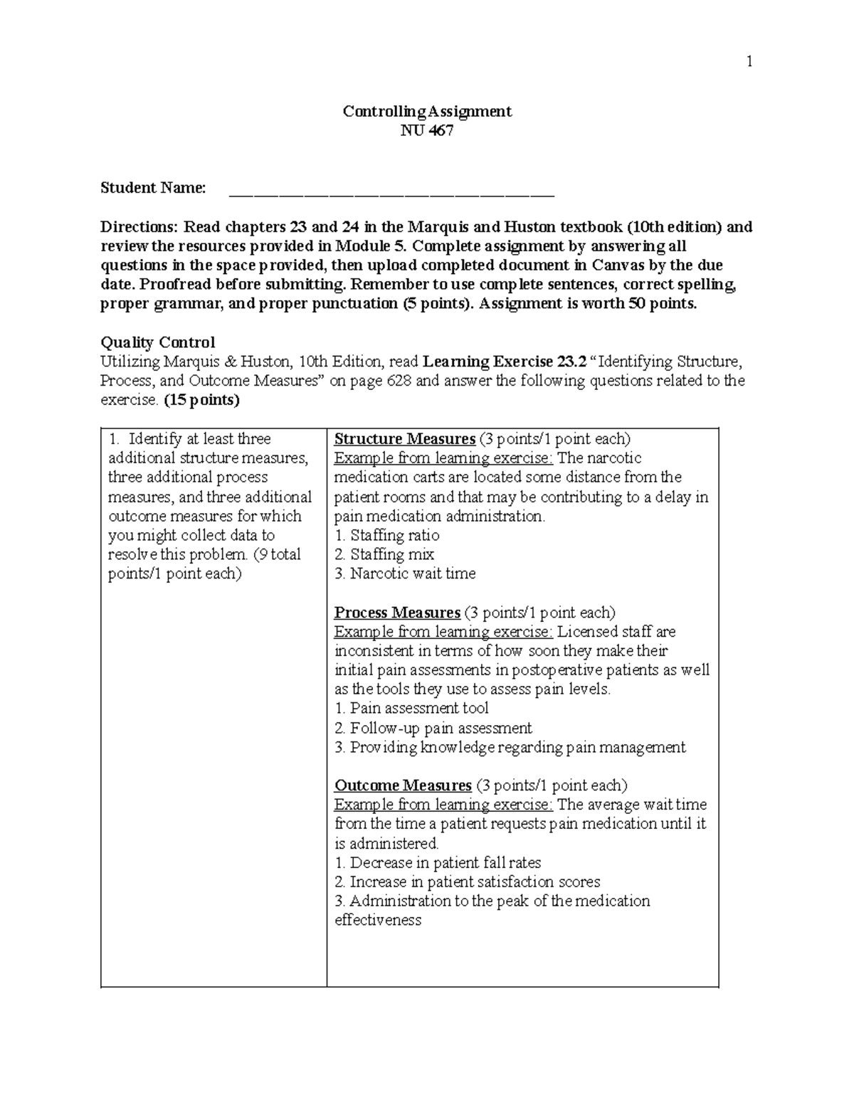 NU 467 Controlling Assignment: Quality Measures and Performance ...